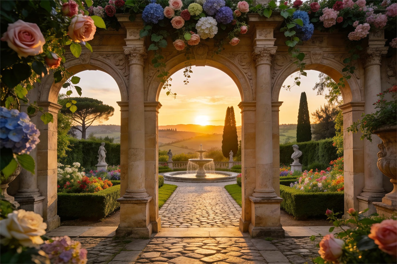 Enchanted Garden Backdrop Sunset Window Stone Archway Spring Picture Backdrop RR62-21
