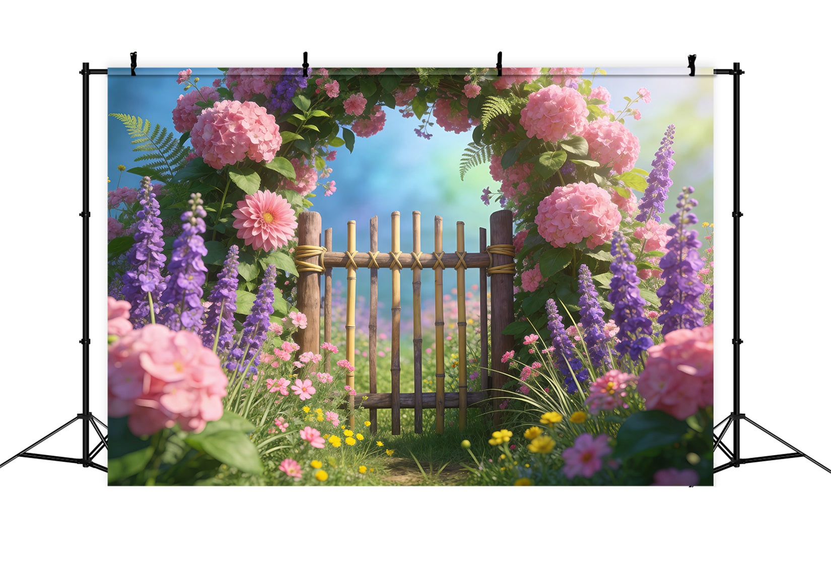 Wildflower Garland Backdrop Pastel Meadow Bamboo Gate Springtime Backdrop RR62-23