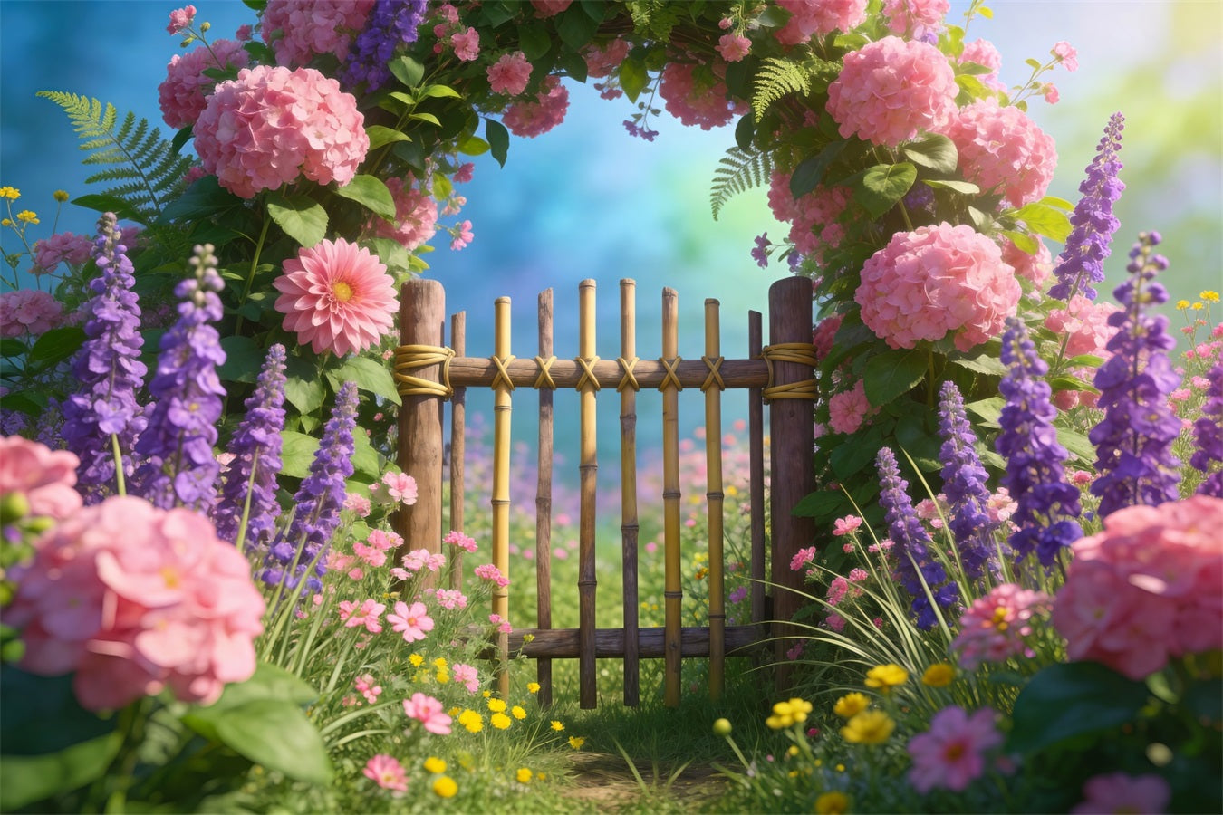 Wildflower Garland Backdrop Pastel Meadow Bamboo Gate Springtime Backdrop RR62-23