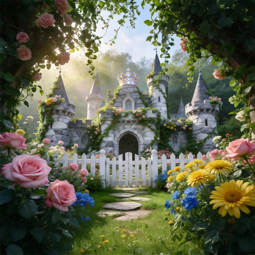 Spring Floral Backdrop Fairytale Castle Garden Bloom Photo Backdrop Spring RR62-26