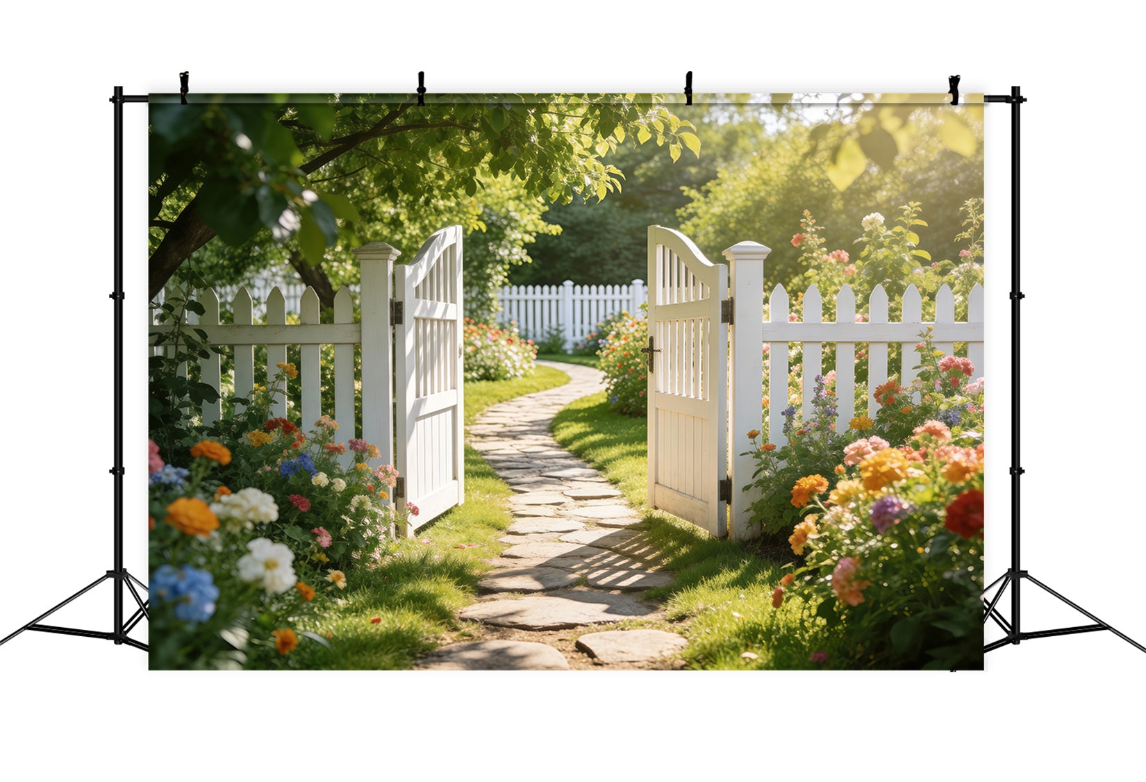 Enchanted Garden Photo Backdrop White Fence Meadow Pathway Spring Backdrops RR62-27