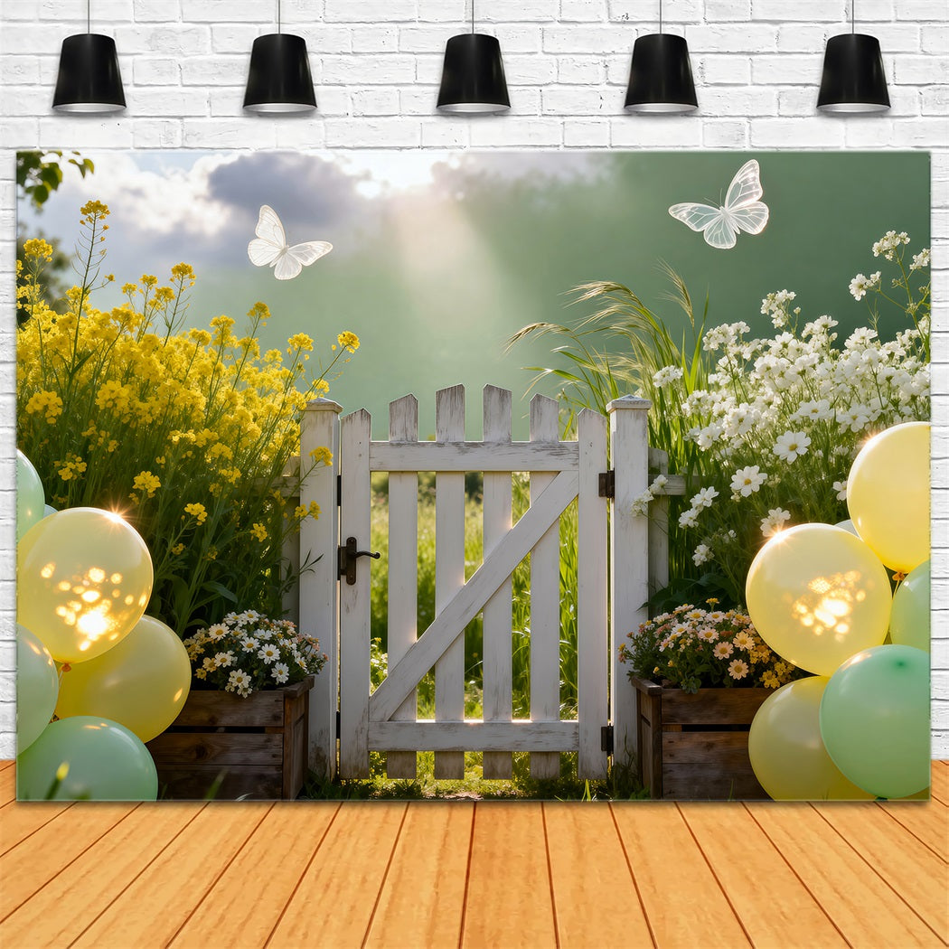 Spring Balloon Backdrop Pastel Meadow Gate Sunlight Floral Garden Backdrop RR62-28