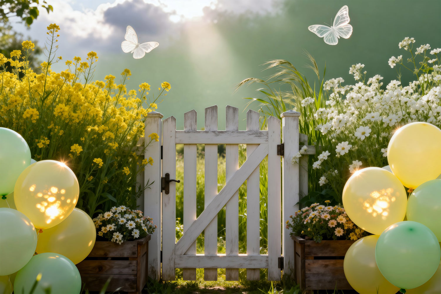 Spring Balloon Backdrop Pastel Meadow Gate Sunlight Floral Garden Backdrop RR62-28