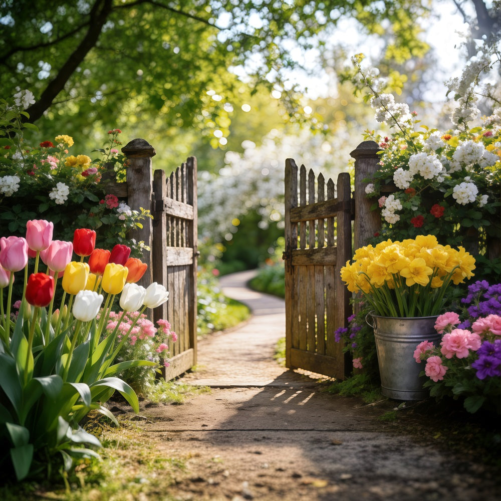 Daffodil Backdrop Tulip Garden Wooden Gate Spring Photoshoot Backdrop RR62-29