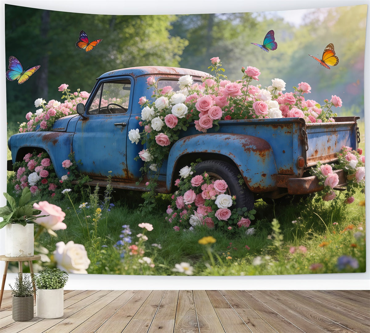 Wildflower Photo Backdrop Vintage Blue Truck Rose Meadow Spring Theme Backdrop RR62-31