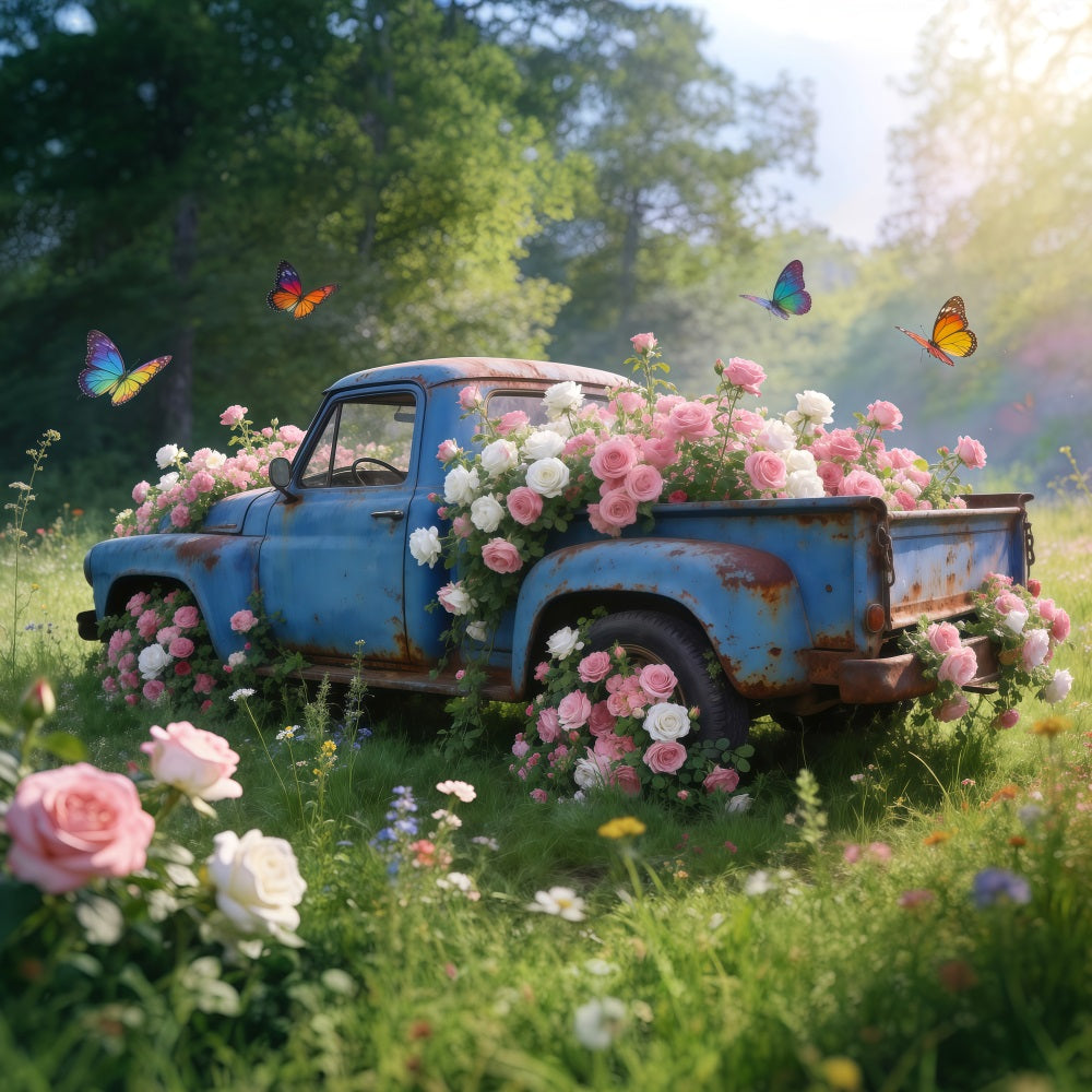 Wildflower Photo Backdrop Vintage Blue Truck Rose Meadow Spring Theme Backdrop RR62-31