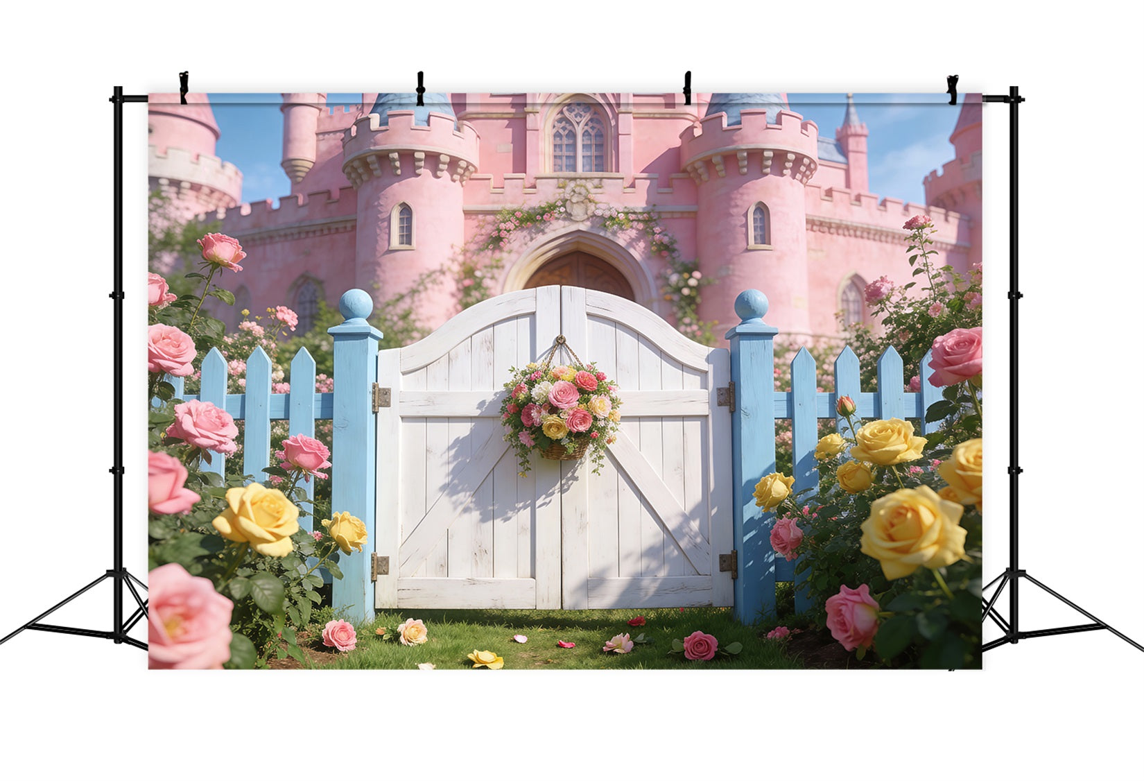 Enchanted Garden Backdrop Pink Castle Rose Floral Gate Spring Photo Backdrops RR62-35