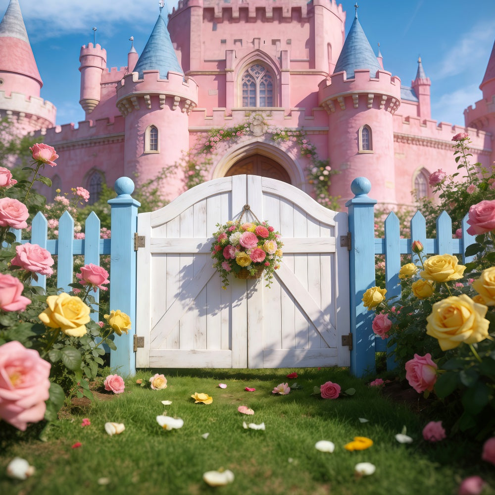 Enchanted Garden Backdrop Pink Castle Rose Floral Gate Spring Photo Backdrops RR62-35