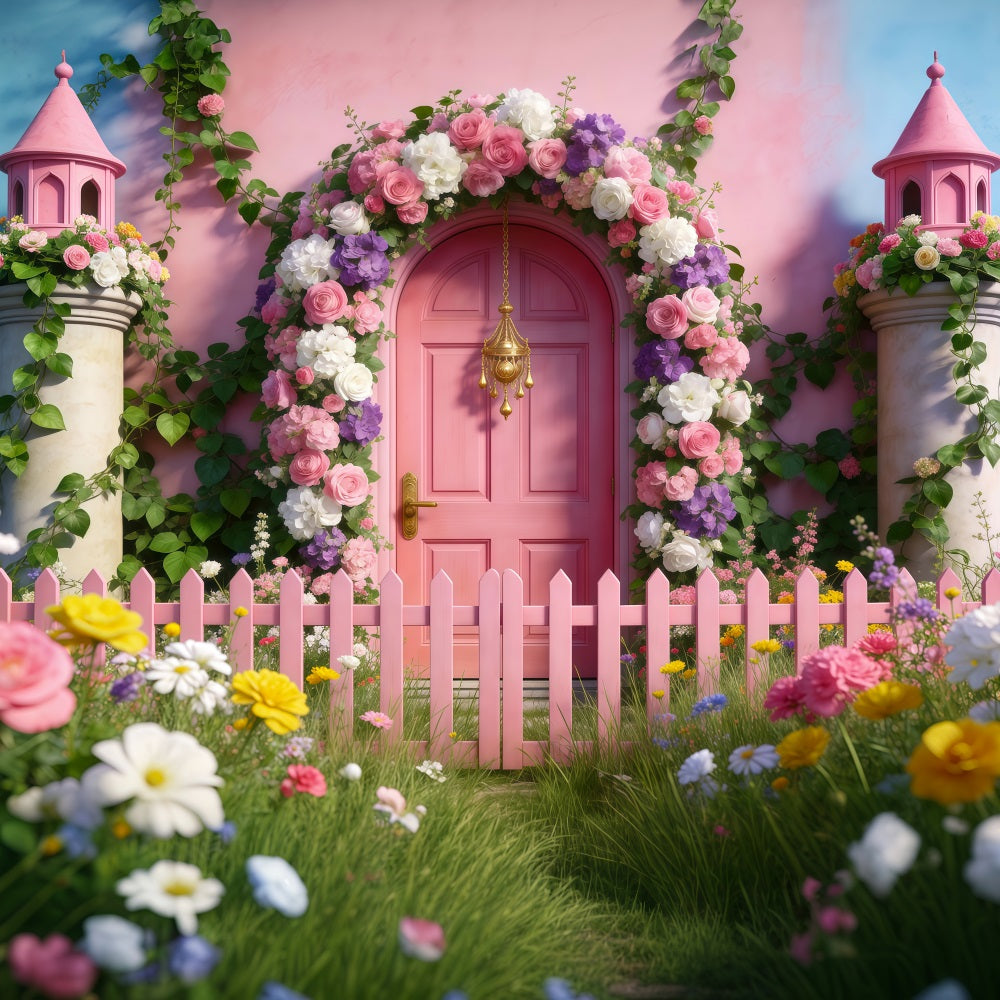 Spring Garden Backdrop Fairytale Pink Door Fence Floral Arch Backdrop RR62-38