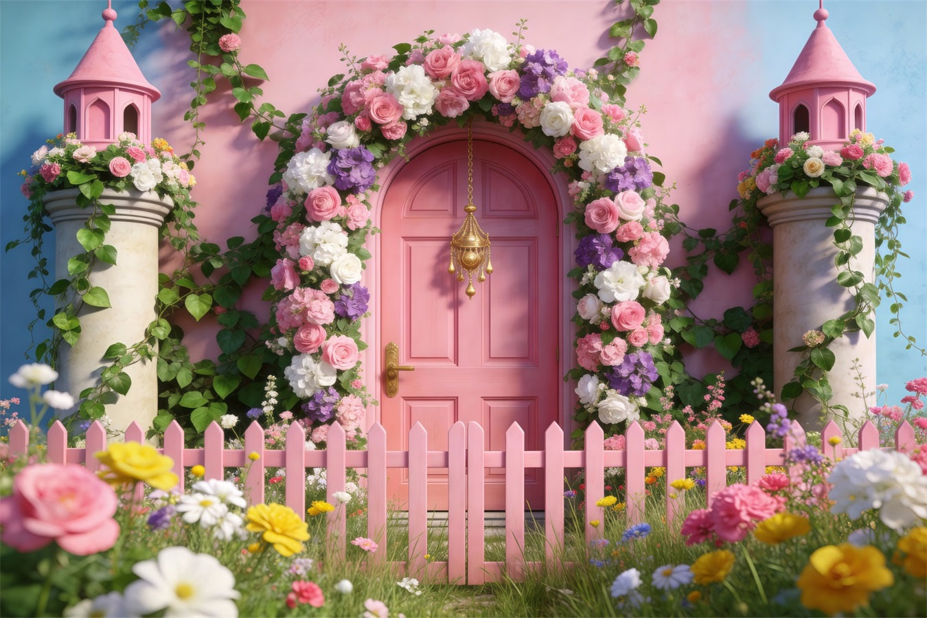 Spring Garden Backdrop Fairytale Pink Door Fence Floral Arch Backdrop RR62-38