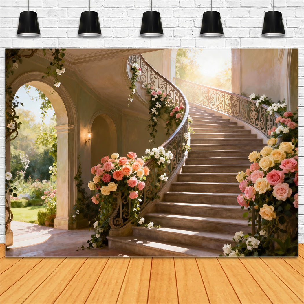 Spring Break Backdrop Sunlit Flower Grand Staircase Floral Photo Backdrops RR62-39