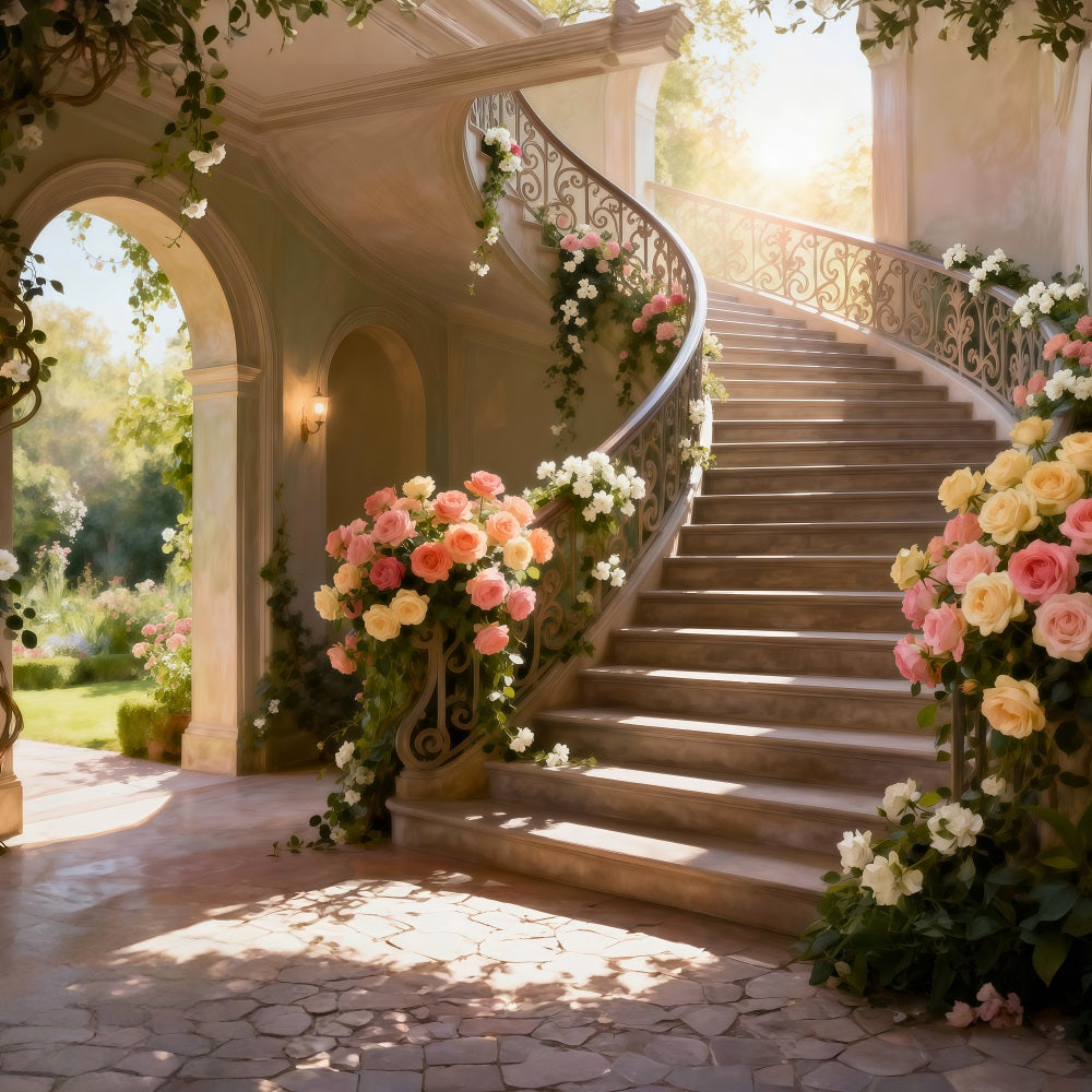 Spring Break Backdrop Sunlit Flower Grand Staircase Floral Photo Backdrops RR62-39