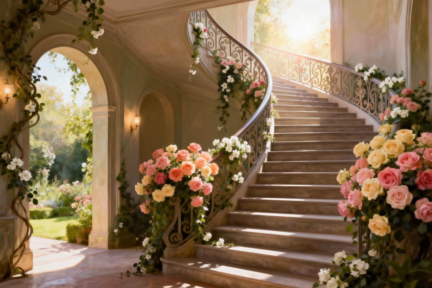 Spring Break Backdrop Sunlit Flower Grand Staircase Floral Photo Backdrops RR62-39