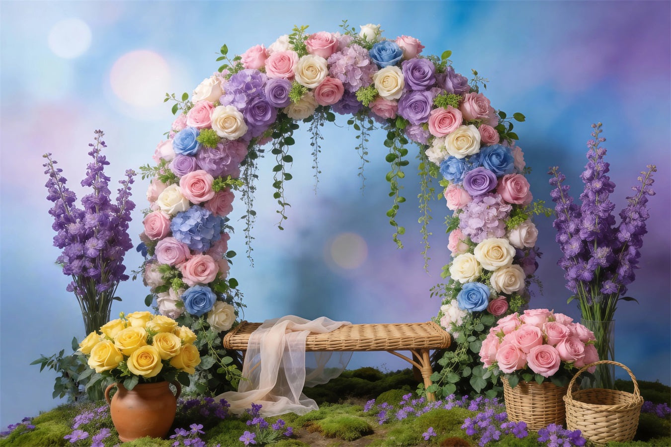 Wildflower Garland Backdrop Pastel Floral Arch Bokeh Springtime Backdrops RR62-41