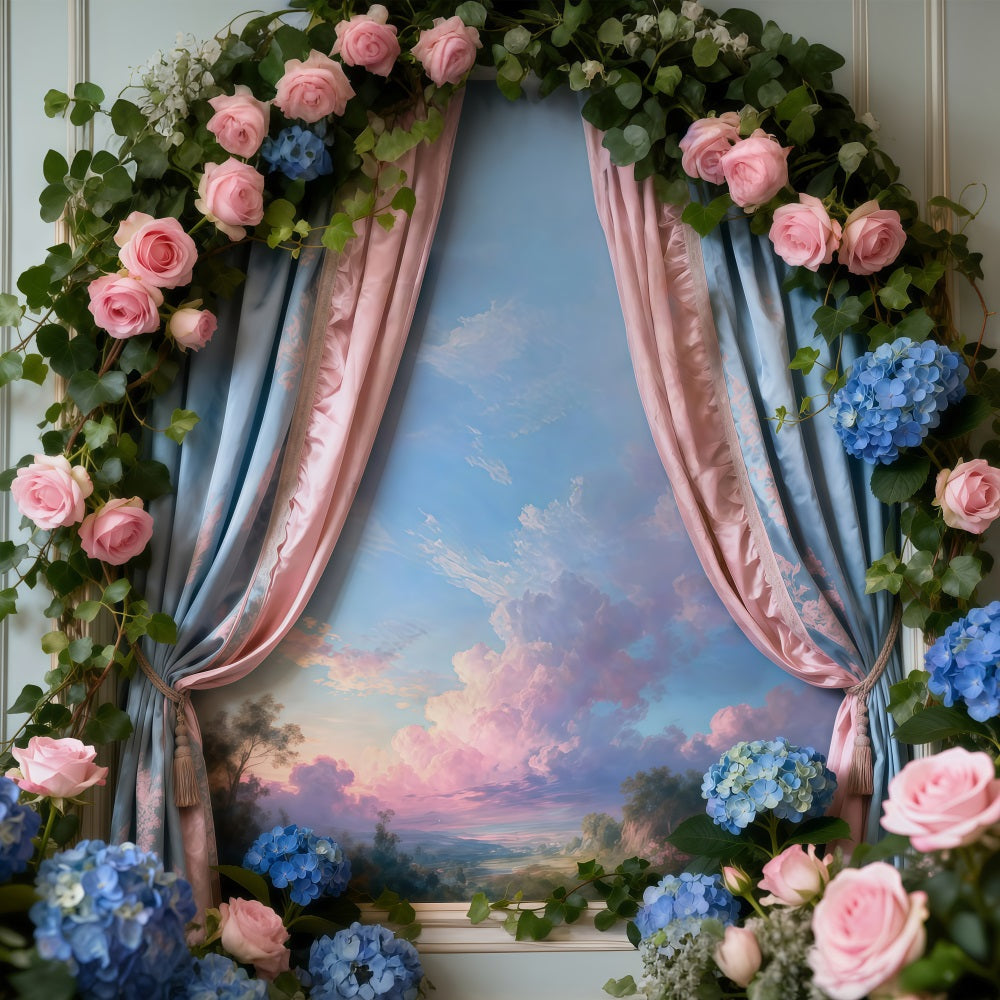 Spring Flower Backdrop Romantic Floral Window Sky View Floral Picture Backdrop RR62-42