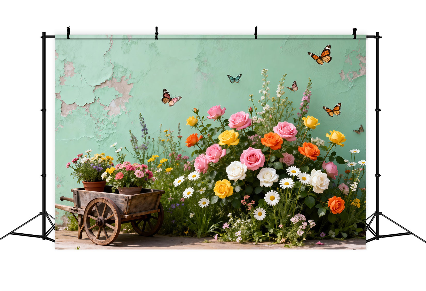 Butterfly Backdrop Vintage Garden Cart Floral Spring Backdrop For Pictures RR62-46