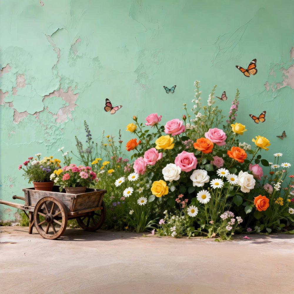 Butterfly Backdrop Vintage Garden Cart Floral Spring Backdrop For Pictures RR62-46