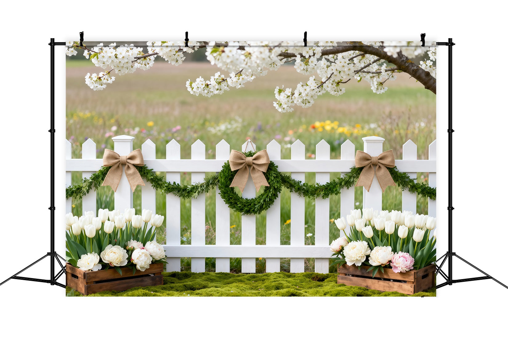 Cherry Blossoms Backdrop Wildflower Meadow Fence Tulip Spring Photo Backdrop Ideas RR62-47
