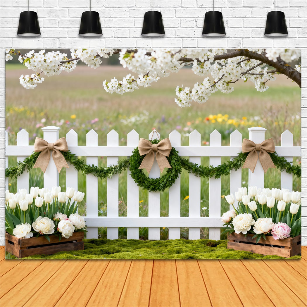 Cherry Blossoms Backdrop Wildflower Meadow Fence Tulip Spring Photo Backdrop Ideas RR62-47