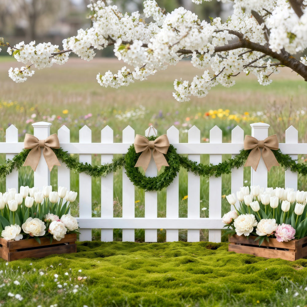 Cherry Blossoms Backdrop Wildflower Meadow Fence Tulip Spring Photo Backdrop Ideas RR62-47