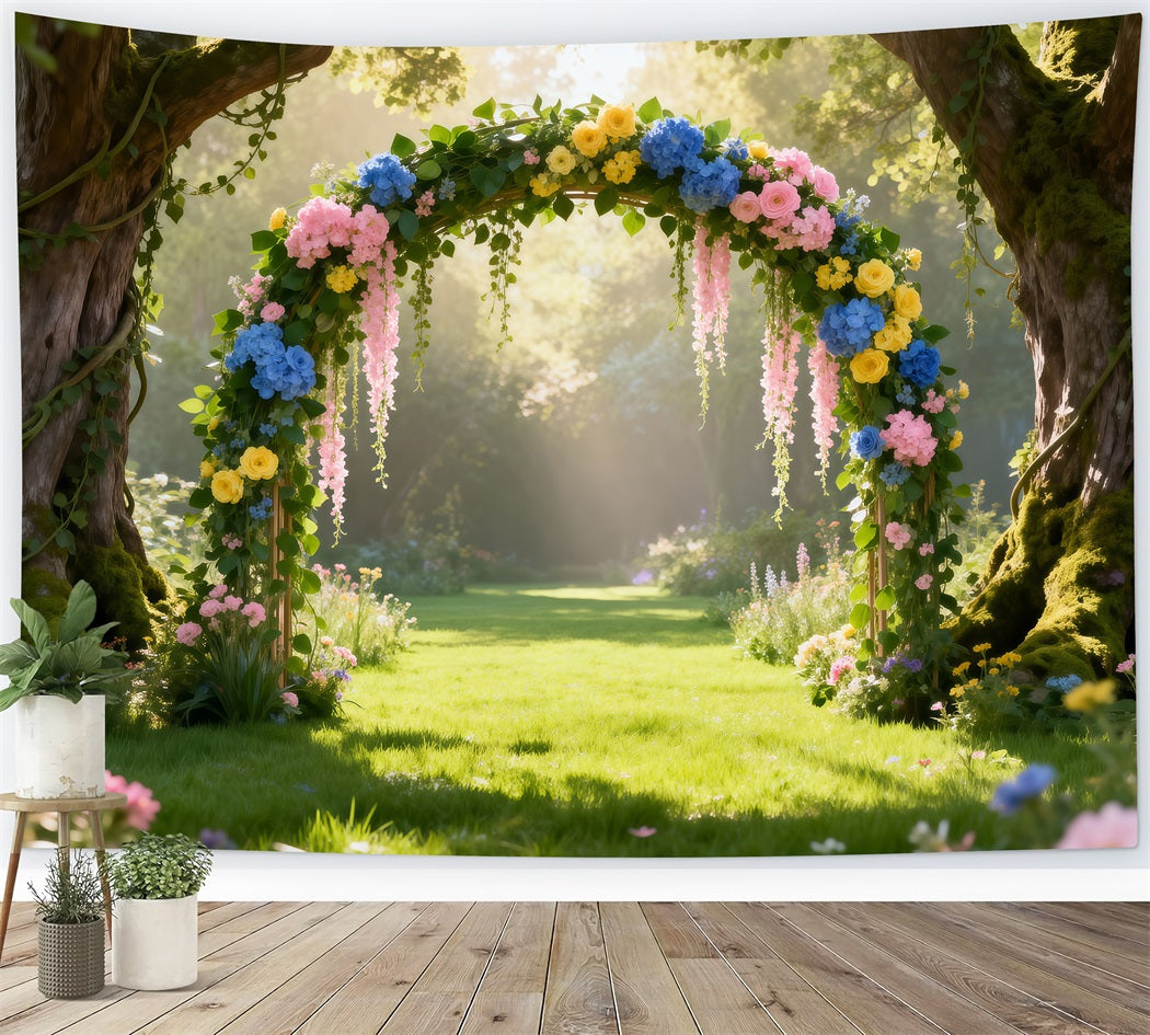 Spring Woodland Path Backdrop Sunlit Forest Floral Arch Springtime Backdrop RR62-48
