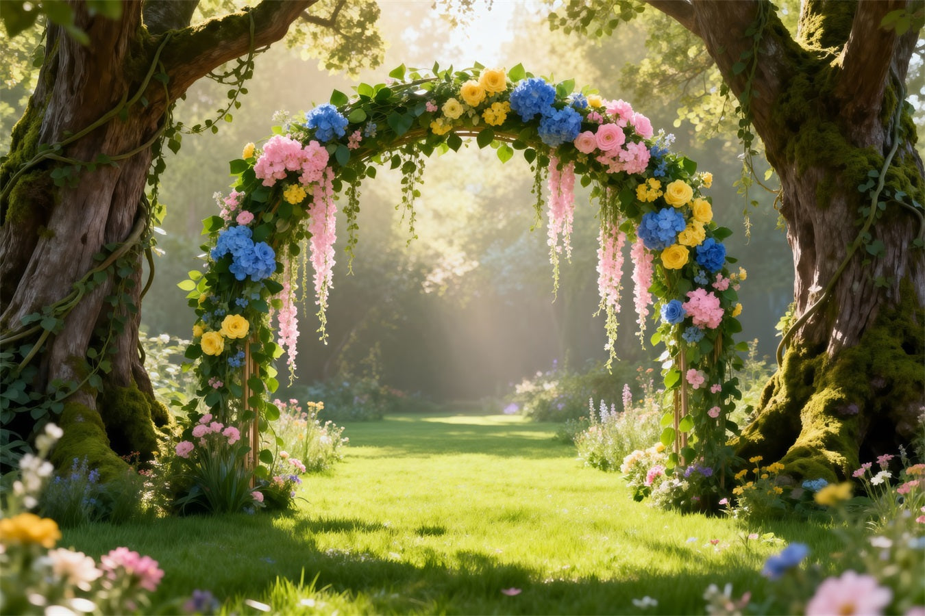 Spring Woodland Path Backdrop Sunlit Forest Floral Arch Springtime Backdrop RR62-48