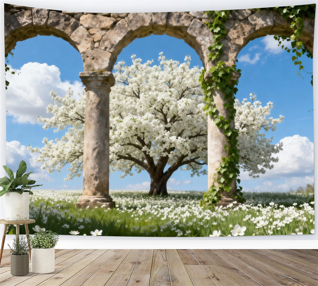 Cherry Blossom Tree Backdrop Stone Triple Arches Cloud Spring Theme Backdrop RR62-49