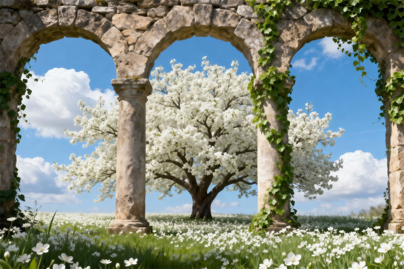 Cherry Blossom Tree Backdrop Stone Triple Arches Cloud Spring Theme Backdrop RR62-49