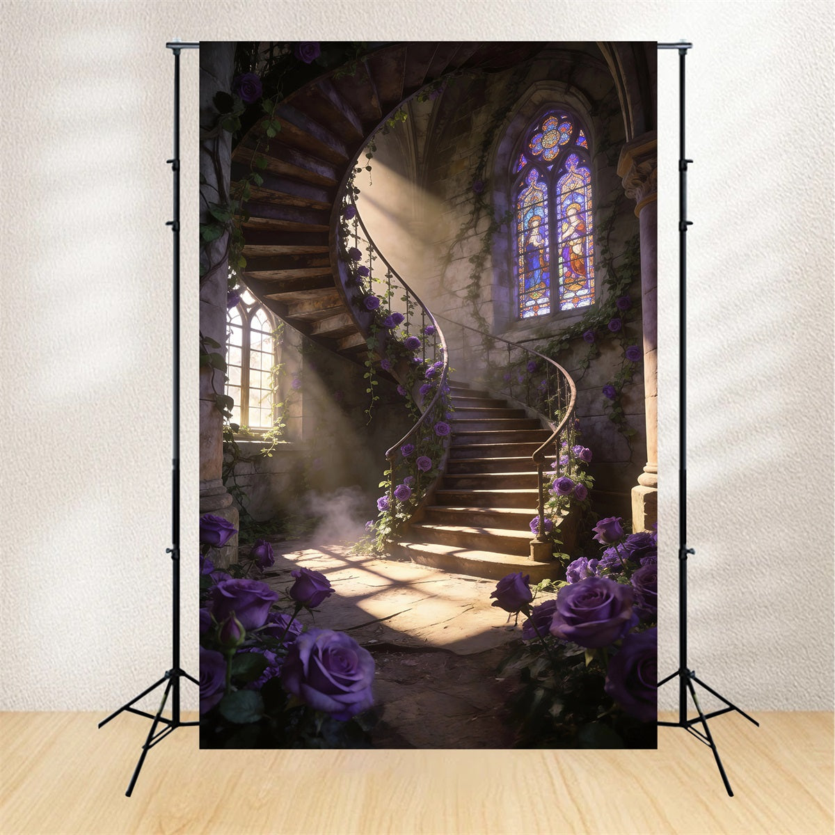 Spring Flowers Backdrop Purple Rose Spiral Staircase Floral Picture Backdrop RR62-50