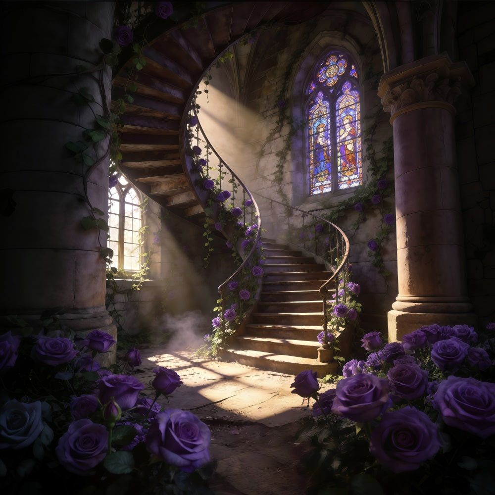 Spring Flowers Backdrop Purple Rose Spiral Staircase Floral Picture Backdrop RR62-50