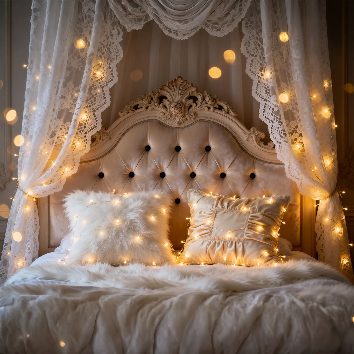 Boudoir Backdrop Ideas Ivory Lace Fairy Light Glow Tufted Headboard Backdrop RR62-54