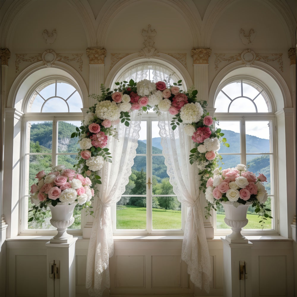 Spring Wedding Backdrop Classic Window Rose Arch Drapes Floral Photo Backdrop RR62-6