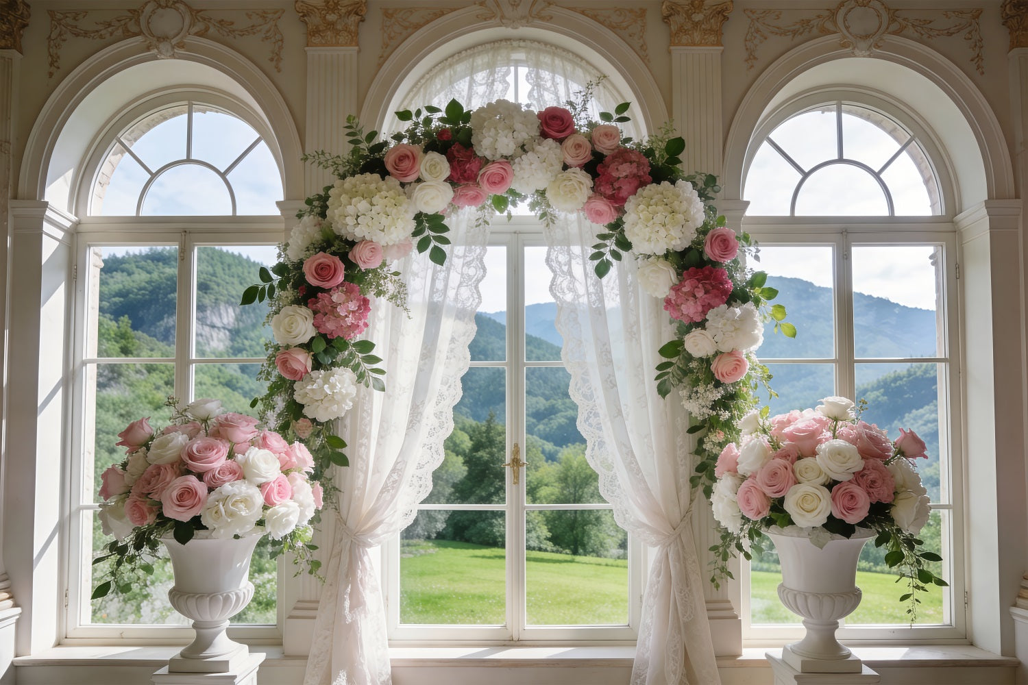 Spring Wedding Backdrop Classic Window Rose Arch Drapes Floral Photo Backdrop RR62-6