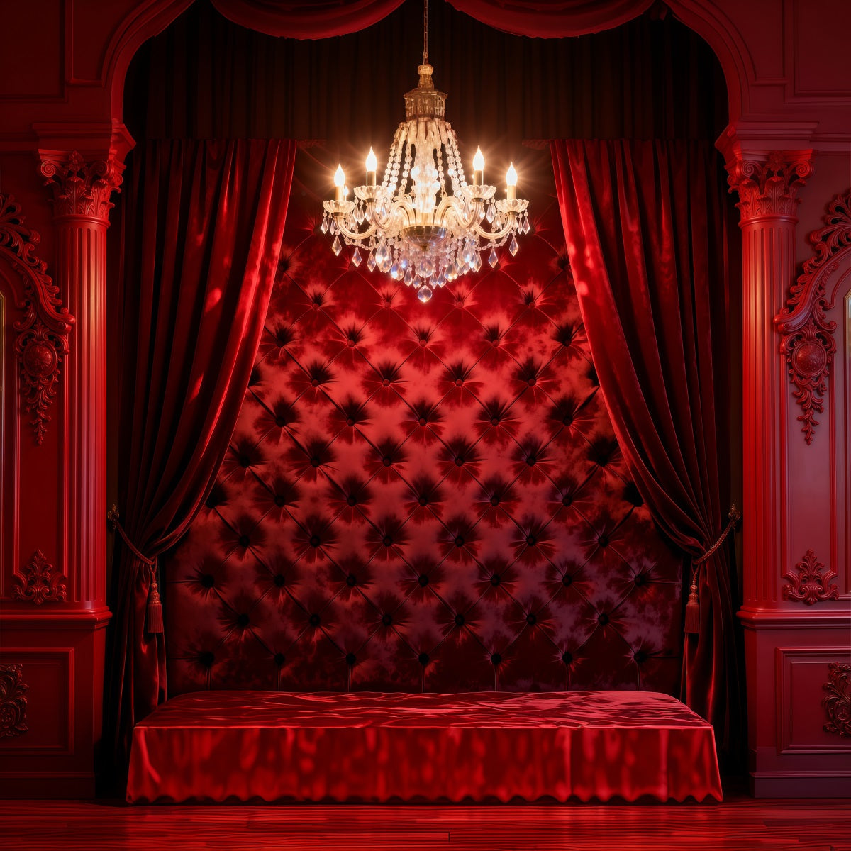 Boudoir Backdrops Crimson Velvet Chandelier Tufted Headboard Backdrop RR62-67