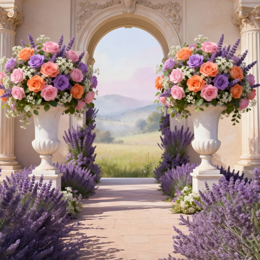 Enchanted Garden Backdrop Pastel Floral Courtyard Valley View Spring Backdrop RR62-8