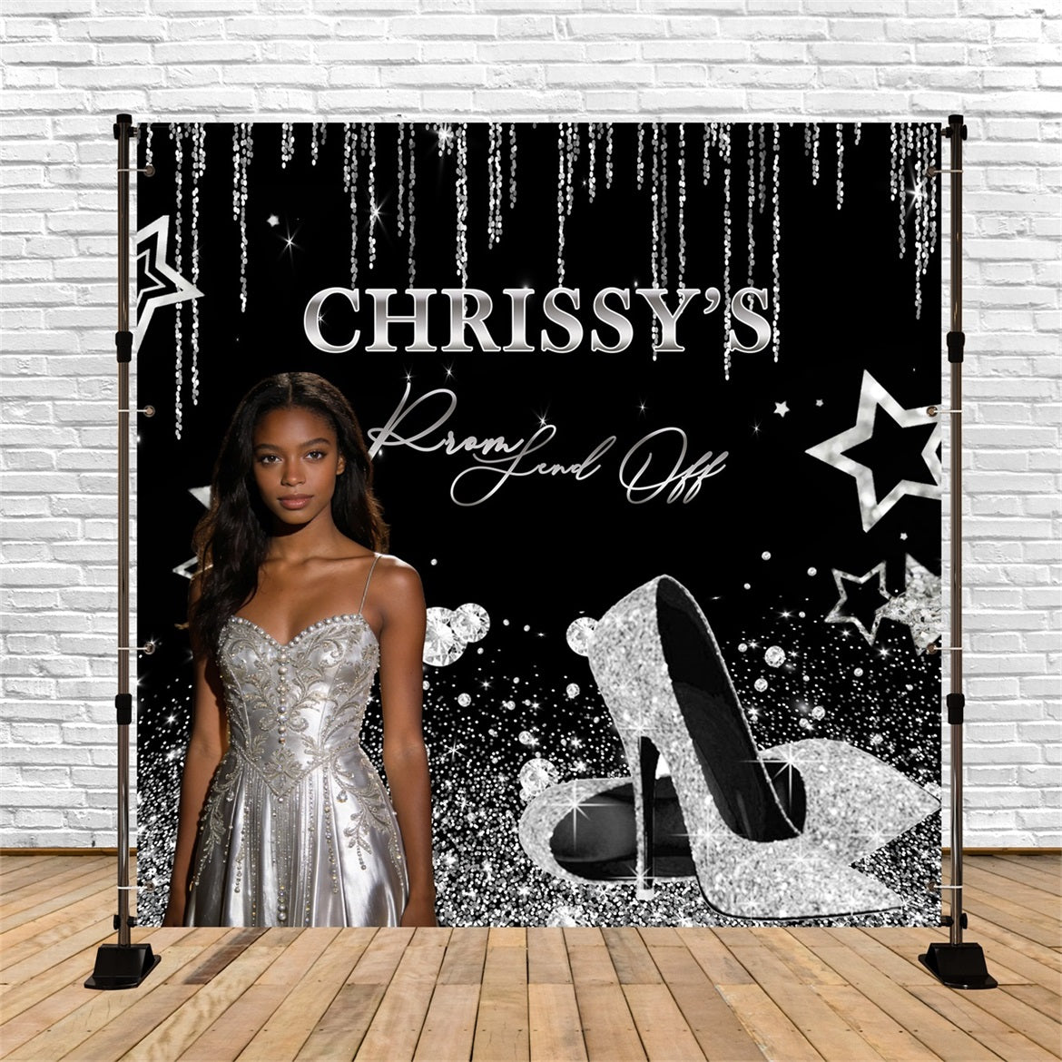 Prom Send Off Backdrops Black Silver Glitter Graduation Party Backdrop RR63-1