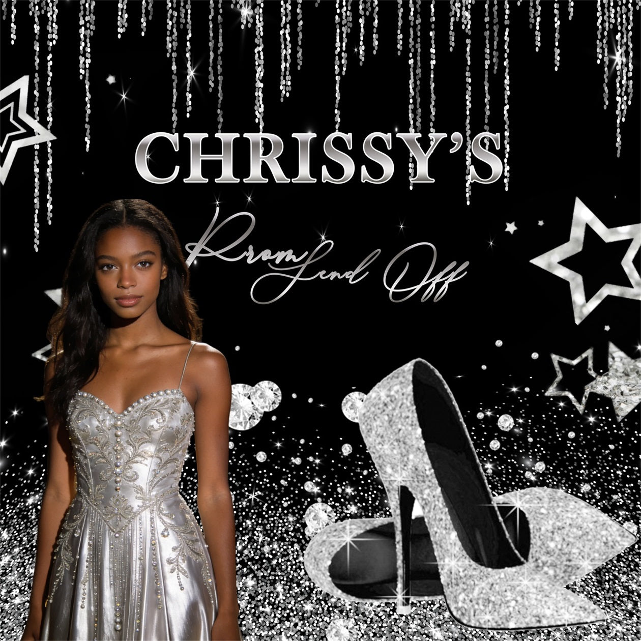 Prom Send Off Backdrops Black Silver Glitter Graduation Party Backdrop RR63-1