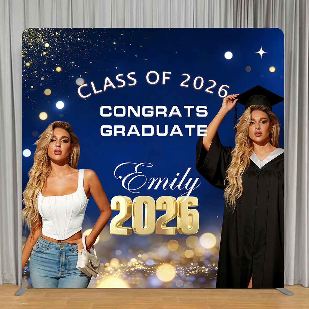Laptop Tablet Graduation Backdrop Blue Gold Bokeh Stars Square Tension Backdrops RR63-104