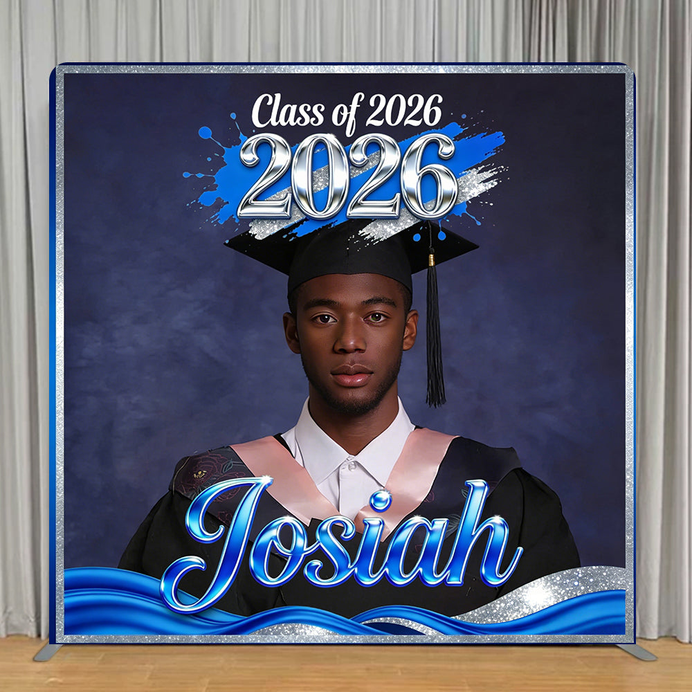 Photo Booth Style Graduation Backdrop Blue Silver Abstract 8x8 Tension Fabric Backdrop RR63-106