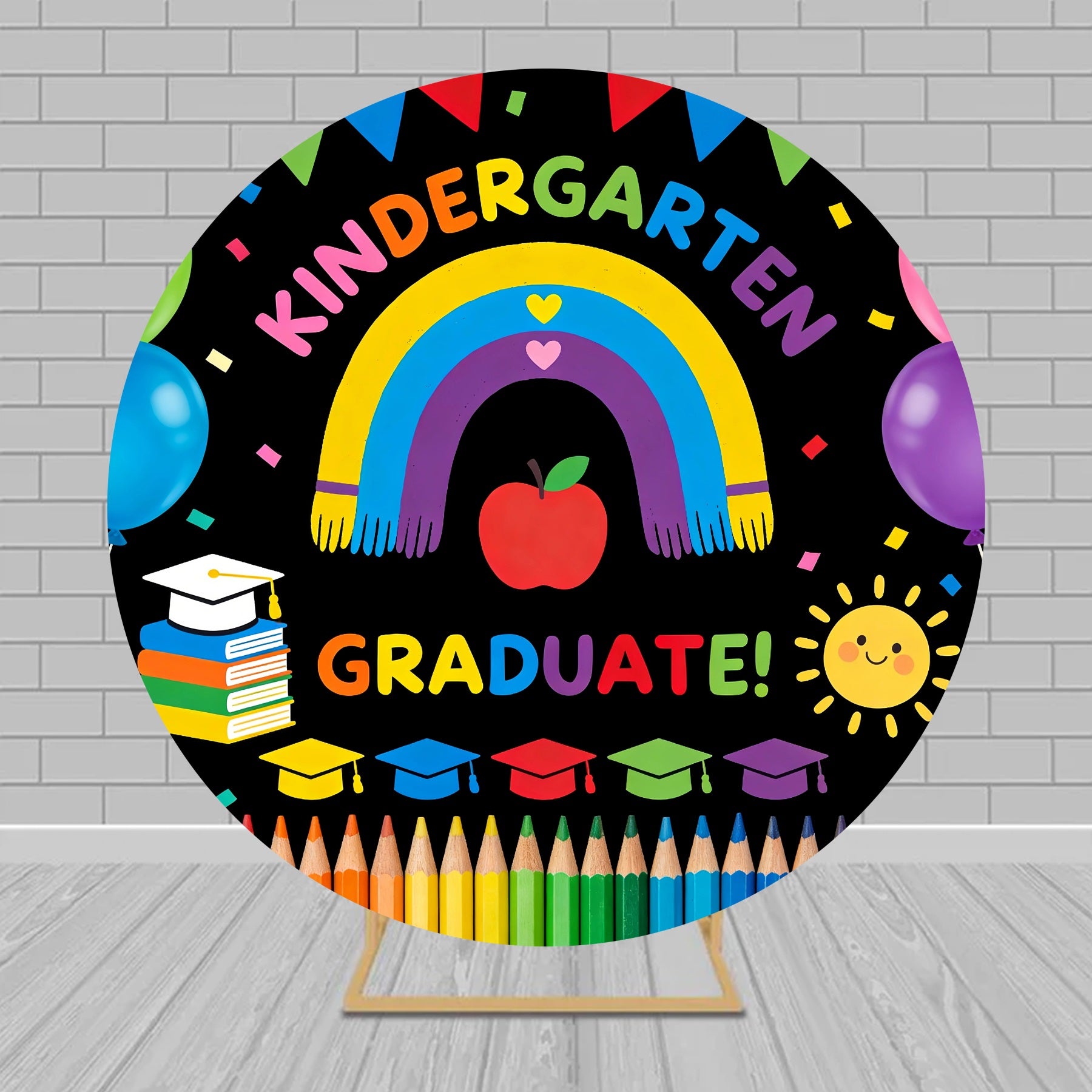 Balloon Celebration Graduation Backdrop Colorful Rainbow Apple Round Arch Backdrop Cover RR63-110