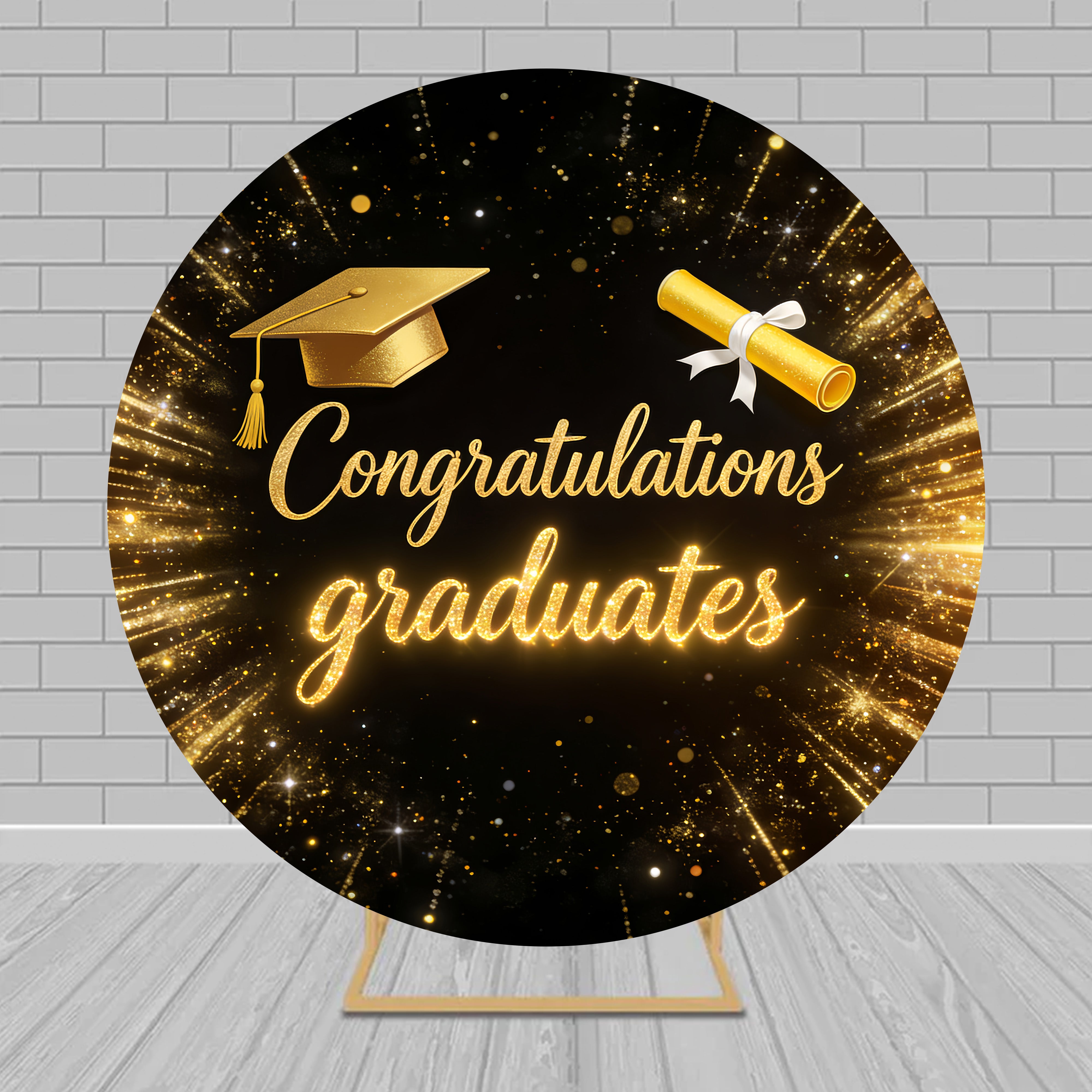 Simple Graduation Backdrop Ideas Gold Firework Cap Diploma Round Backdrop RR63-113