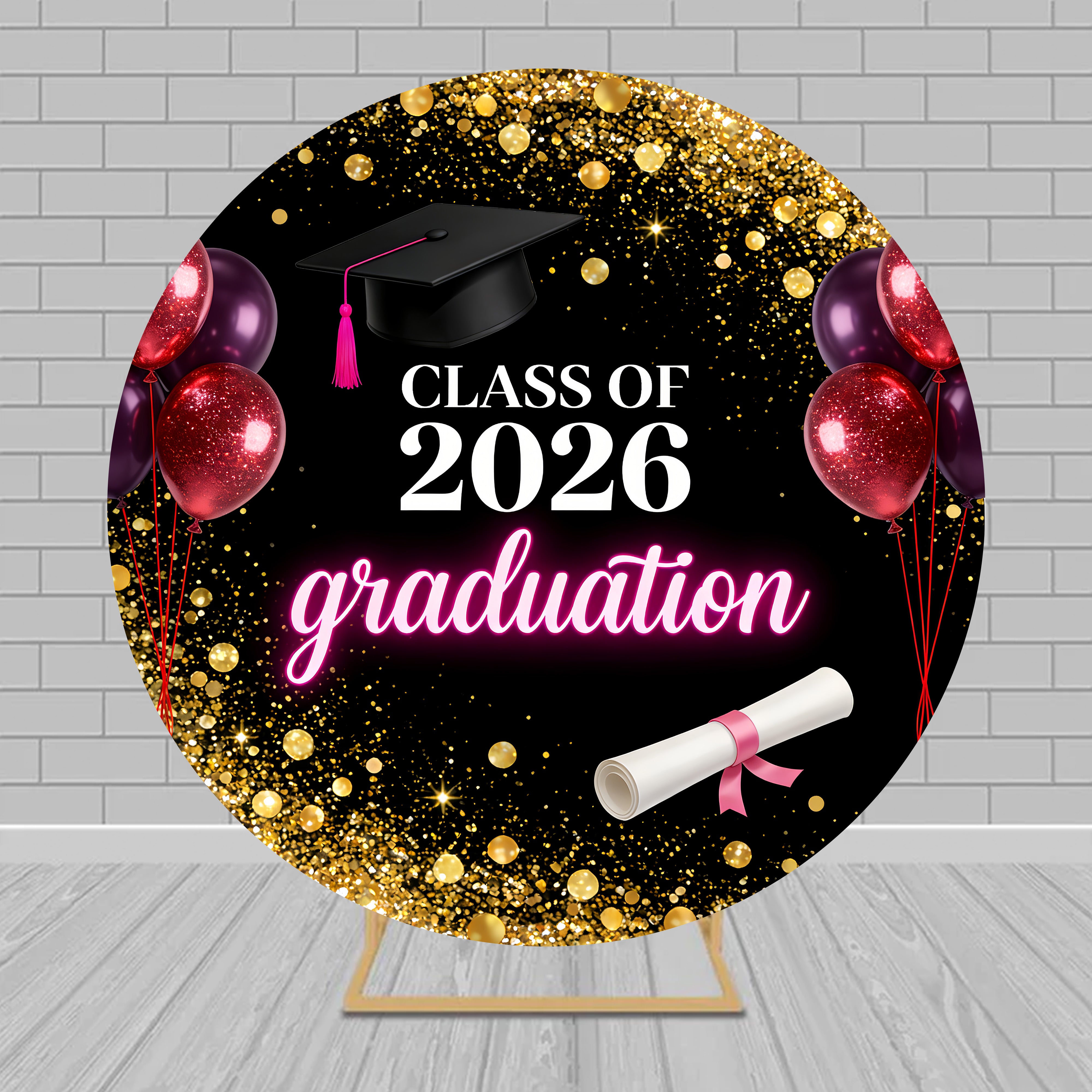Elegant Graduation Backdrop Black Gold Glitter Balloon Neon Round Photo Backdrop RR63-116