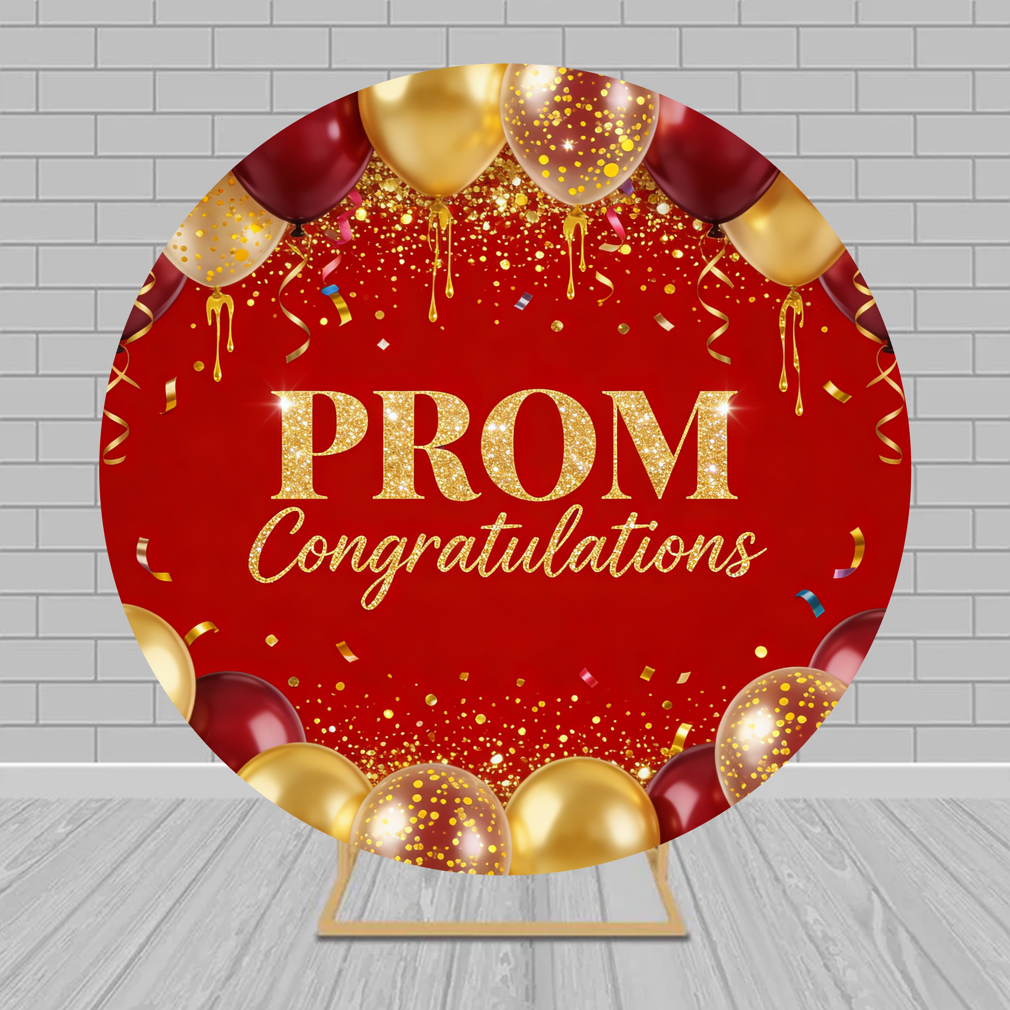Simple Prom Backdrop Ideas Red Gold Balloon Confetti Celebration Round Backdrops RR63-118