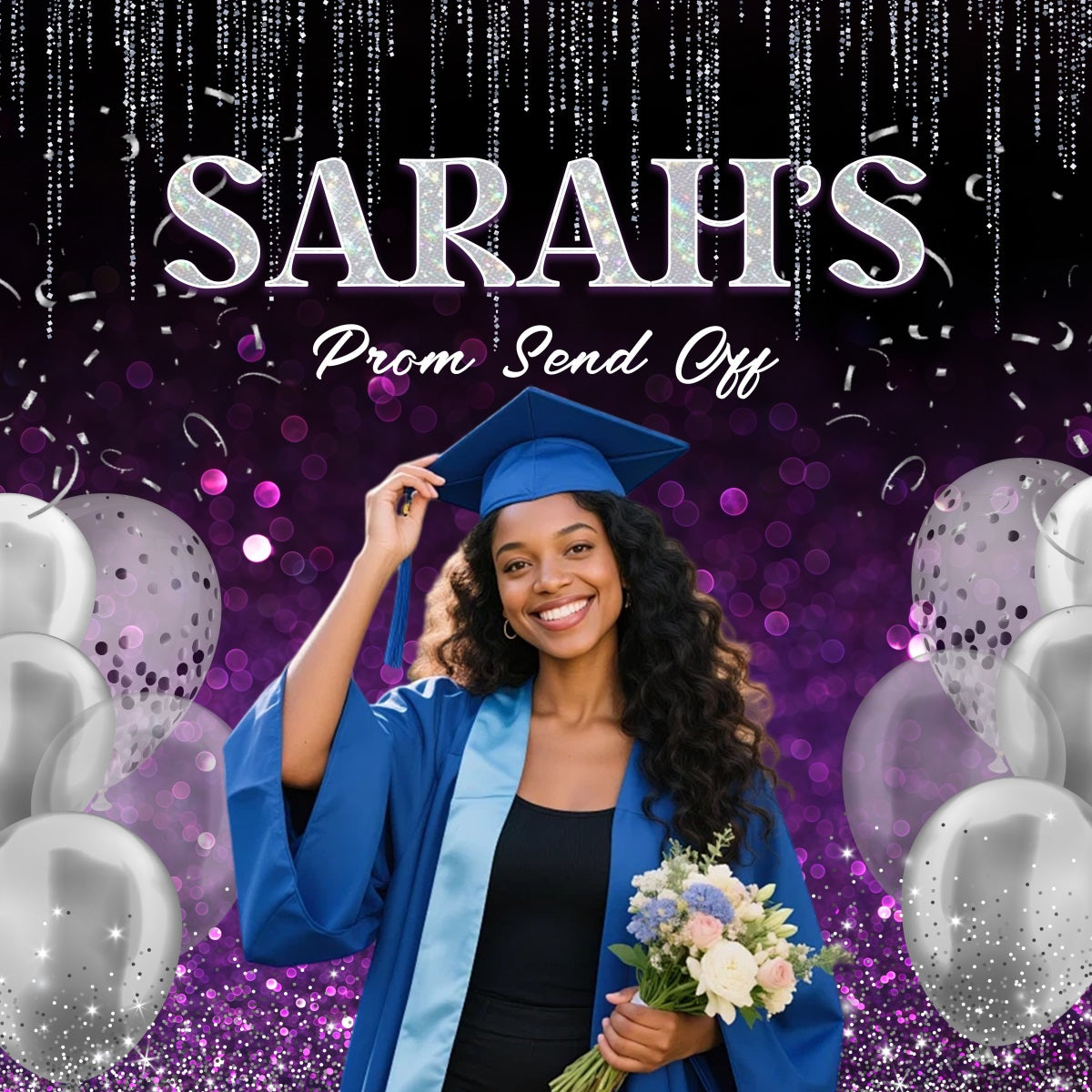 Prom Send Off Backdrops Purple Glitter Silver Balloon Custom Graduation Party Backdrop RR63-12