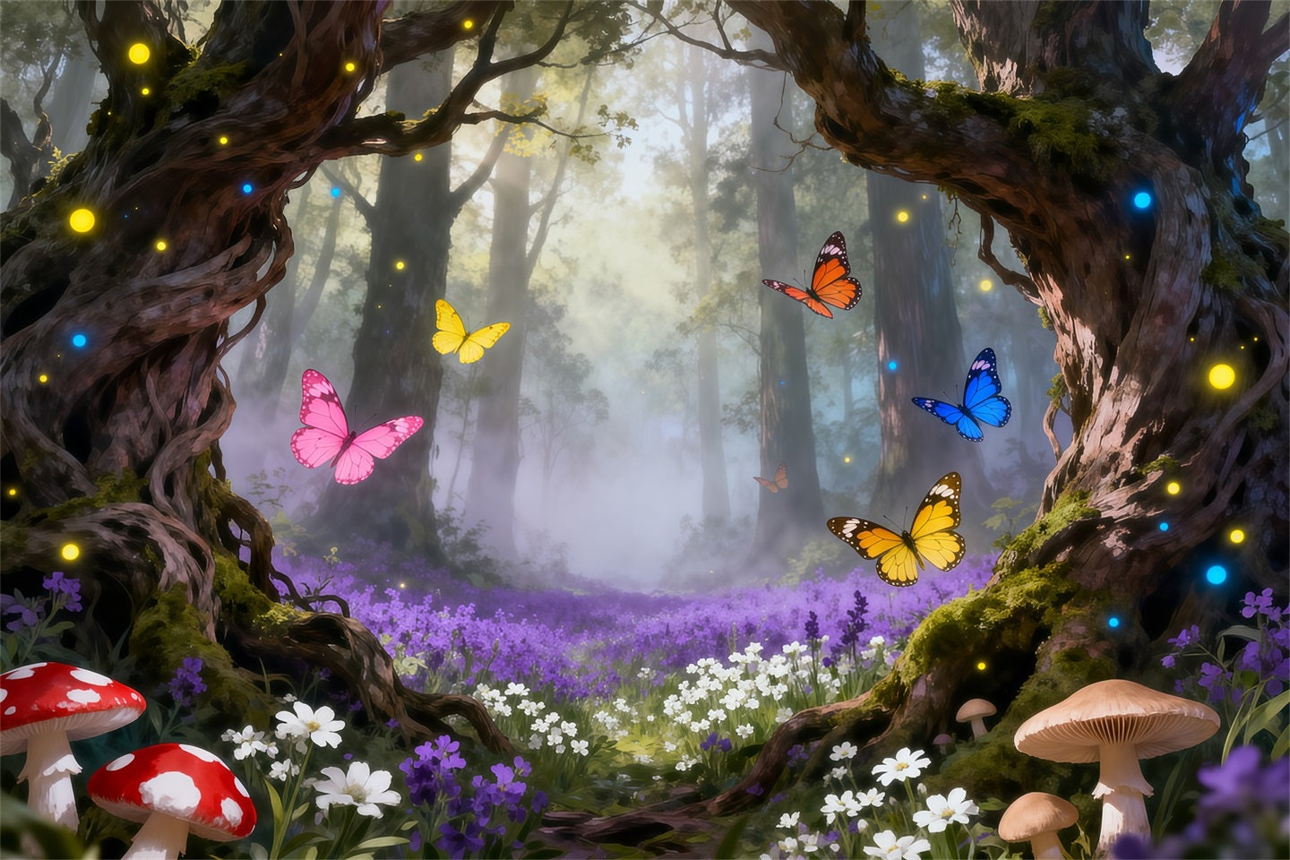 Enchanted Forest Backdrop Butterfly Glowing Fairy Woodland Forest Photo Booth Backdrop RR63-121