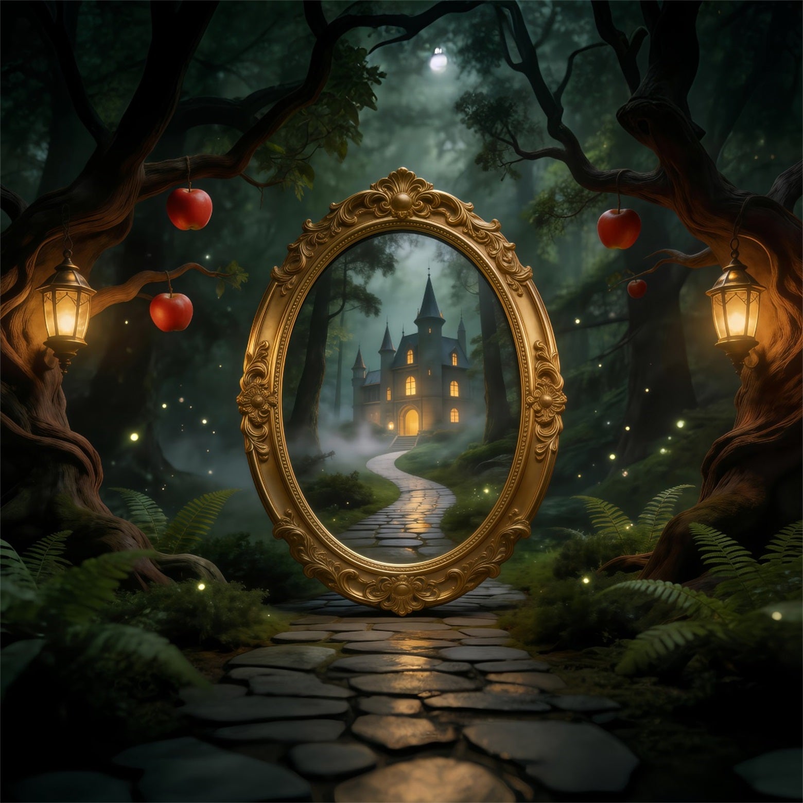 Forest Backdrop Mystic Mirror Castle Path Lantern Apples Forest Themed Backdrop RR63-122