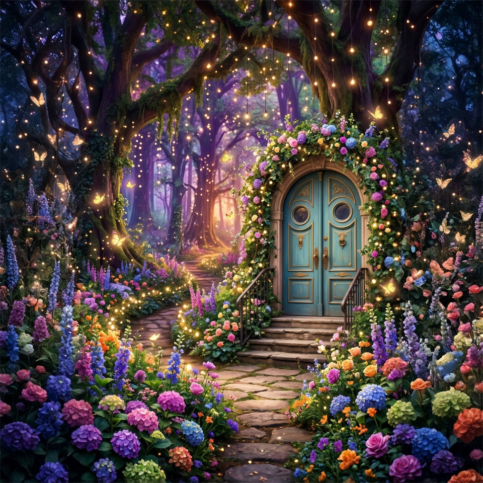 Forest Photo Backdrop Fantasy Floral Door Glowing Butterfly Garden Twilight Forest Backdrop RR63-124