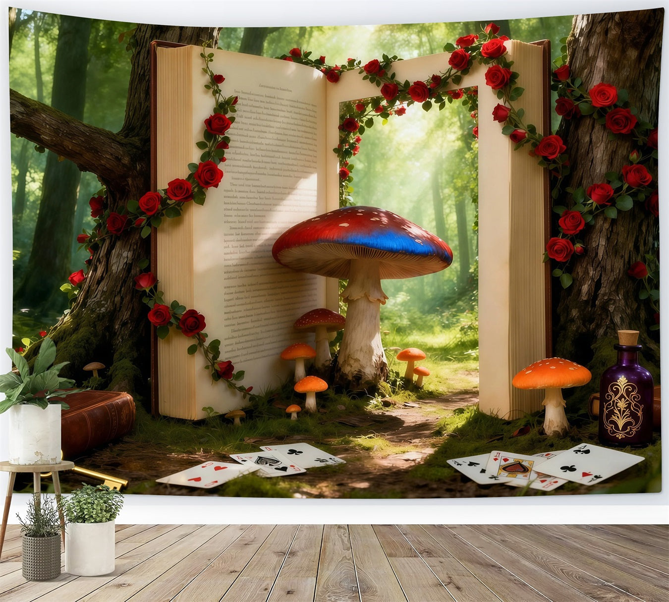 Fairy Tale Forest Backdrop Fantasy Storybook Portal Mushroom Roses Forest Photo Backdrop RR63-126