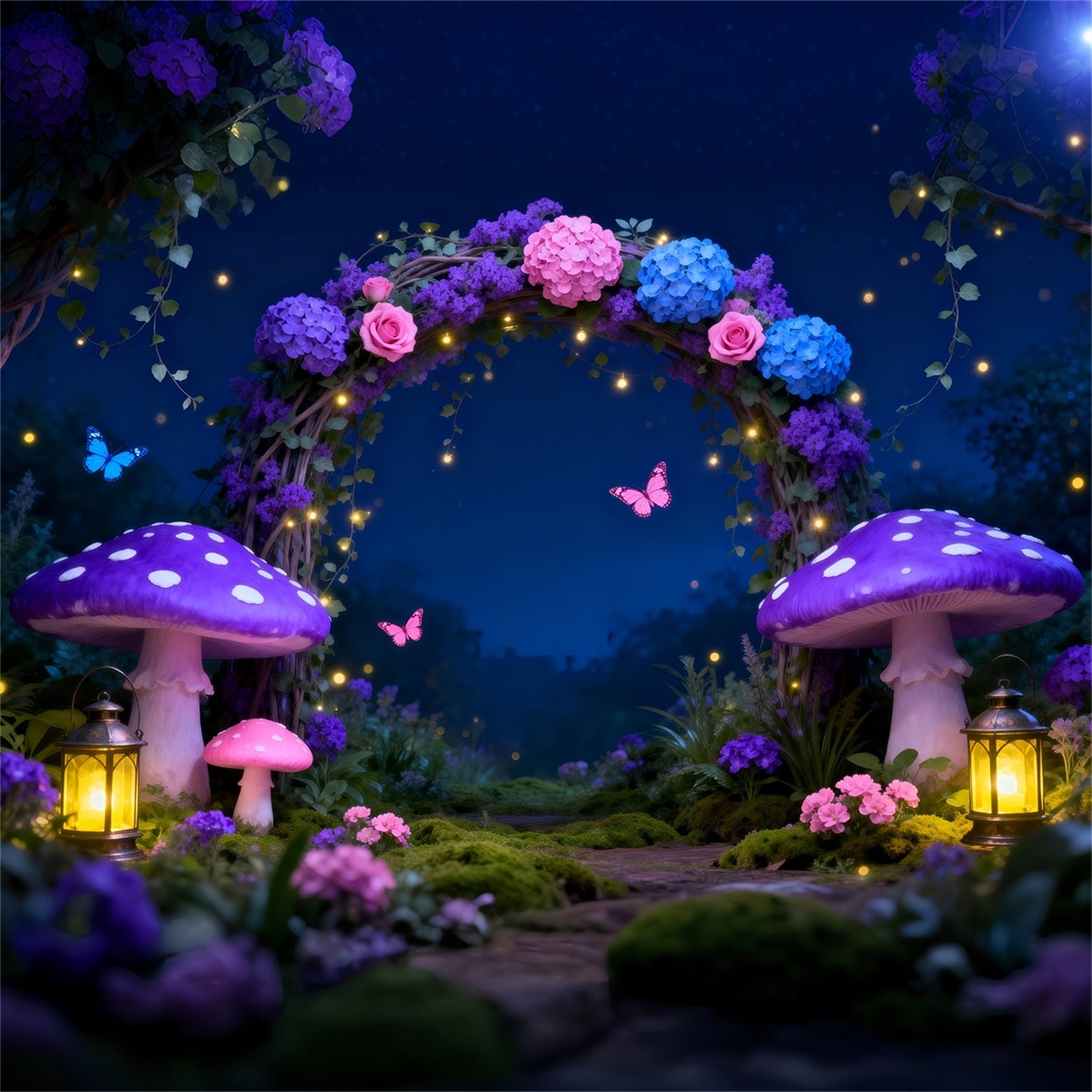 Enchanted Forest Photo Backdrop Night Fairy Arch Glowing Mushroom Forest Photo Backdrops RR63-128