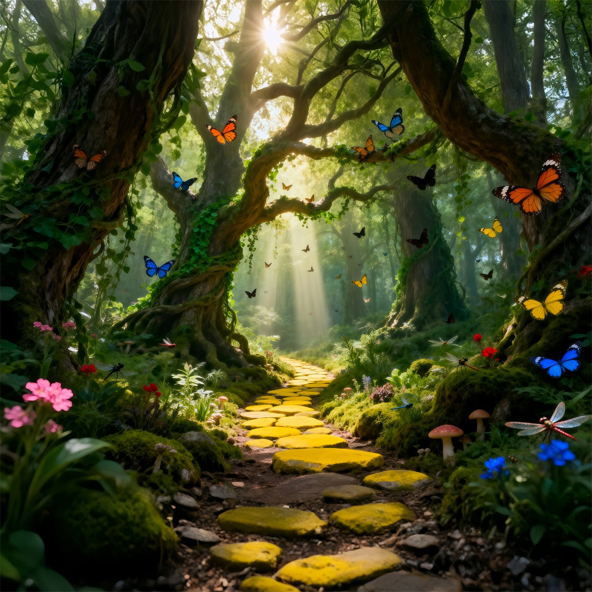 Forest Green Backdrop Golden Path Sunlight Butterfly Photography Backdrops Forest RR63-133